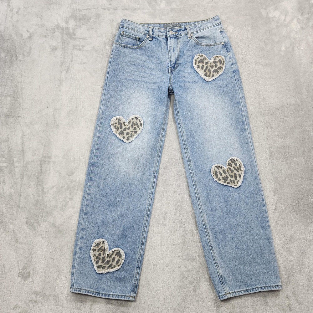 Cali 1850 Jeans Womens 11/30 Juniors Blue High Rise Straight Leg Leopard Hearts